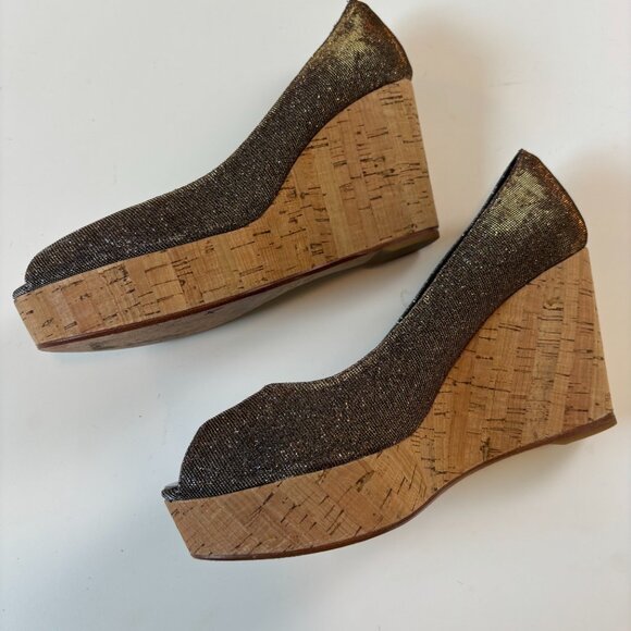 Stuart Weitzman Anna Corkswoon Glitter Wedge Heel Peep Toe Pumps Size 9 Holiday - Picture 7 of 9